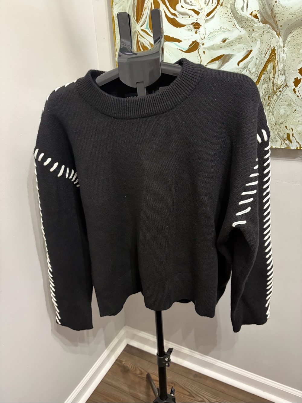 English Factory Anthropologie Black Bold White Whipstitch Mock-Neck Sweater M